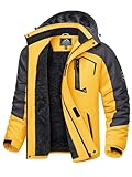 KEFITEVD Herren Skijacke Warm Gefütterte Softshelljacke Winter Atmungsaktiv Outdoorjacke Verdick Winddicht Übergangsjacke mit Kapuze Grau-gelb XL