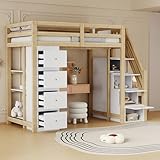 Etagenbett 90x200, Kinderbett Hochbett mit Stauraumtreppe, Regalen und Kommode mit 4 Schubladen, Einzelbett Funktionsbett Stockbett Kinderhochbett Jugendbett mit Lattenrost, Massivholz, Holzfarbe