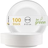 HEKU Einwegteller aus Pappe, Ø 23 cm, 100 Stück – stabile 220g/m² Frischfaser – 100% kompostierbar & umweltfreundlich – weiße Pappteller für Partys, Feiern & Feste, Weiß