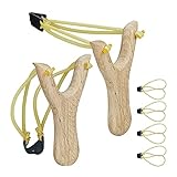 Relaxdays Profi Steinschleuder, Slingshot mit 6 Schleudergummis, Jagdschleuder 2er Set, Katapultschleuder aus Holz, gelb