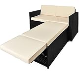 Casaria® 2in1 Gartensofa mit Hocker Gartenmöbel Set 7cm Auflage 2 Sitzer 125x70cm Stauraum Ottomane Wetterfest Balkonmöbel Polyrattan Lounge Schwarz