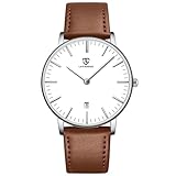 aswan watch Flache Herren Analog Quarz Armbanduhr mit Lederarmband, Datum, 2 Zeiger, 39 mm Gehäusegröße