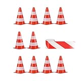 Relaxdays Pylonen 10er Set mit 50 m Absperrband & Aufbewahrungsbeutel, Markierungskegel, Verkehrshütchen 22,5 cm, orange