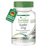 Fairvital | Kupfer Tabletten 2mg - HOCHDOSIERT - Nahrungsergänzungsmittel aus Kupferbisglycinat - Vegan - 100 Tabletten