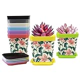 8 Stück Pflanzgefäße aus Kunststoff mit Drainagelöchern und Untersetzern, Kunststoff-Blumentöpfe, Kindergarten Pflanztopf für Innen- und Außenbereiche (Rosa Lilienmuster)