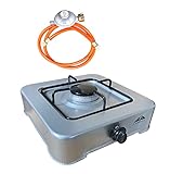 Campata 1 flammig tragbarer Gaskocher für Gasflaschen, Campingkocher, Tischkocher, Gaskocherfeld, Gasherd inkl. Gasschlauch + Druckminderer (Grau)