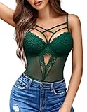 Avidlove Dessous Damen Netz Reizwäsche Spitze Unterwäsche Sexy Body V-Ausschnitt One Piece Dunkelgrün XL