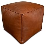 See the Good Quadratischer Leder Pouf - Handgefertigt - gefüllt geliefert - Ottoman, Sitzsack, Fußhocker (Karamellbraun)