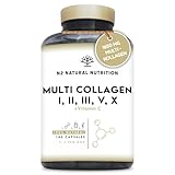 Multi Kollagen Kapseln Hochdosiert 1650mg mit Vitamin C. Hydrolysierte Collagen Peptide Typ I, II, III, V, X. 180 Kapseln. Für Haut, Haare, Knochen & Gelenke. N2 Natural Nutrition