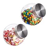 Relaxdays Bonbongläser 2x, 1,5 L, Vorratsgläser für Süßigkeiten, Aufbewahrungsgläser mit Edelstahl-Deckel, transparent
