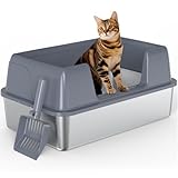 Vivifying Katzentoilette aus Edelstahl, extragroß, halbgeschlossene Metallpfanne mit seitlichem Eingang, Schaufel inklusive, offenes Töpfchen für große Katzen und Kätzchen, leicht zu reinigen und