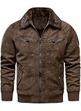 HOOD CREW Herren Kunstpelz Bomberjacke Fleece Gefütterte Winterjacke Vintage Kunstleder Jacke Mit Pelzkragen Braun L