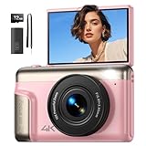 Digitalkamera 4K Fotokamera 64MP Kamera: Vlogging Fotoapparat für Videos mit 3' Klapp-Bildschirm Tragbare Batterie Kompaktkamera mit 16X Digitalzoom 32GB Karte für Kinder Anfänger Studenten (Rosa)