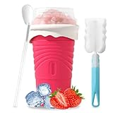 Herbst Slushy Maker Becher 500ml Silikon Squeeze Cup mit Strohhalmlöffel Slush Eis Becher DIY Ice Cup Slushy Maker Cup Smoothie Becher mit Reinigungsbürste (Rot)