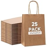 HAUSPROFI Papiertüten 25 Stück, Geschenktüten mit Henkel, Kraftpapiertüten Groß 21 x 11 x 27 cm, für Einkaufen, Hochzeiten, Verpackungen, Partys, Geburtstag, Weihnachten, 130 g/m², Braun