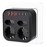 Pfloge® Steckdosenleiste mit USB, Mehrfachsteckdose mit 2 Fach Stecker, 4 Ports (3 USB A+3 USBC), 3500W/15A, 10-in-1 Steckdosenadapter für Smartphones, Laptop, Zuhause