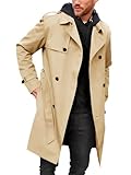 Gafeng Herren-Trenchcoat, schmale Passform, zweireihig, Gürtel, Windbreaker, Revers, lange Jacke, lässig, winddicht, Khaki, 3XL