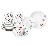 MamboCat Marie 18tlg Kaffeeservice I Porzellan-Geschirr mit Blumenwiese-Dekor für 6 Personen I Je 6X Tassen 190ml, Untertassen & Teller für Frühstück & Kaffee