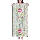 Xiso Ver Badetuch mit Vintage-Holzhintergrund mit Blumenmuster, Mikrofaser, Korallensamt, Badetücher, sehr saugfähig, weich, Strandlaken (68,6 x 139,7 cm), luxuriöse Saum-Duschtücher für Fitnessstudio
