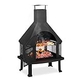 Relaxdays, schwarz Terrassenofen mit Grill, Feuerstelle mit Funkenschutz, Schürhaken, massiv, Stahl, 110 x 63 x 51 cm 10026555