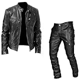 Herren-Motorrad-Set, Lederjacke und Hose, zweiteilig, PU-Leder, Freizeit-Set, Schwarz , XL