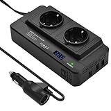 200W Auto Spannungswandler, Wechselrichter 12v auf 230v mit 2 Ladesteckdosen und Zwei USB Ports, Adapter Zigarettenanzünder Steckdose für Geschaeftsfahrten und Urlaub