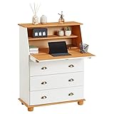 IDIMEX Sekretär Gomes aus Massivholz, Weiß/Braun - Schreibsekretär mit Klappe und Schubladen mit Muschelgriffen, Kiefer Massivholz, Landhausstil für Büro und Wohnzimmer