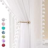 MIULEE Gardinen mit Pompons-Hübsche Weiß Transparent Gardinen für Kinderzimmer Mädchen, 2 Stücke Vorhang mit Pompons mit Stangendurchzug, Durchsichtig Vorhang mit Bommeln, Jeder H 225 X B 140cm