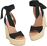Liyuandian Damen Plateau Espadrille Wedges Offener Zehenbereich High Heel Sandalen mit Knöchelriemen Schnalle Up Schuhe, Schwarz (B Schwarz), 42 EU