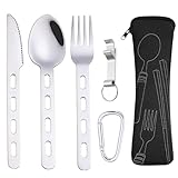 Reisebesteck Camping Edelstahl, Messer Gabel Löffel Set Outdoor, Besteck Campingbesteck Mit Gabel Löffel Messer Karabiner Tragbare Stofftasche Bierschraubendreher für Reise Camping Picknick
