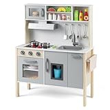 COSTWAY Kinderküche Spielküche inkl. 18 Zubehör, Kinder Küche Holz mit Spüle Mikrowelle Eismaschine Backofen, Spielzeugküche Holzküche für Kinder ab 2 Jahre (Grau)