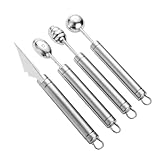 Ciieeo 4 Stück Teiliges Edelstahl Melonen Kugelausstecher mit Gezacktem Schnitzmesser Ergonomisch Geformt für Melonen Beeren und Obst für Küchenfrüchte