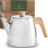 WALDWERK Teekanne mit Siebeinsatz - Teekanne Thermo Doppelwandig - Teekanne mit Sieb aus 304 Edelstahl - Teebereiter mit echten Eichenholzgriffen - Tee Kanne 100% Tropffrei