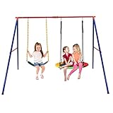 GOPLUS Schaukelgestell Outdoor, Schaukelgerüst aus Metall bis 300kg belastbar, Schaukelständer mit Schaukelsitz & Nestschaukel, Schaukel Set für Kinder