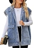 KANDEMY Damen Ärmellos Jeansjacke Trendy Beiläufige Denim Weste Outwear Boyfriend Oversized Freizeitjacken Blau mit Kapuze L