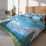 Generisch Weiche Winterbettwäsche Set 3tlg 180 x 200 cm – Atmungsaktiv Warm & Hautfreundlich Bettwäsche Seeblau – Cartoon Schneeberg Friedlich Pflegeleichten Bettbezug für Kinder Erwachsene