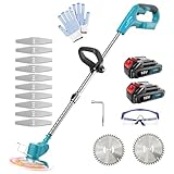 Akku Rasentrimmer mit 2 x 3.0AH Akku, Ersatz für 18V BL1850,10 Metallklinge,2X Kreissägeblätter, 90° drehbarer,Verstellbarer Teleskop-Führungsholm, für Rasenschneiden Rasenpflege