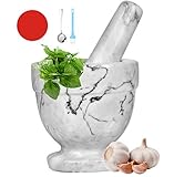 Mörser und Stößel, Marmor-Set für Gewürze, Pestos, Gewürze, Pasten, Guacamole, Schüssel, Kräutermühle, leicht zu reinigen, inklusive: Silikonmatte, Bürste, Edelstahllöffel, 11 cm (klein, weißgrau)