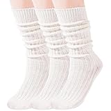 Moon Wood 3 Paar Slouch Socken Damen Winter Dicke Warme Kniestrümpfe Wollstrümpfe Stulpen Scrunch Socks Größe 35-38 39-42 Unifarben Weiß