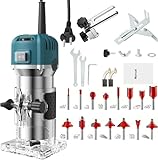 Uadme Einhandfräse 800W, 30000 U/min Holzfräse Oberfräse, 6,35mm Durchmesser, Hand Fräsmaschine mit 6 Variable Geschwindigkeite, Kantenfräse für Holz, mit 15 Stück Fräser Set