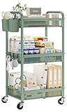 YASONIC Rollwagen mit 3 Ebenen, Metall, mit Rollen, Bastelwagen, Organizer mit hängenden Bechern, Haken, Netzkorb für Nachttisch, Küche, Büro, Kunst, Grün