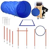 UISEBRT Agility Ausrüstungs Set für Hunde - Haustier-Trainingsset Hindernisse mit Hundetunnel Hürde Tunnel Training inkl. Hürdenstange Verstellbare Höhe, Tragetasche, Geflochtene Stangen