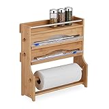 Relaxdays Wandrollenhalter, für Alufolie, Frischhaltefolie, Küchenrolle, Gewürzregal, Bambus, HBT: 40x40x11,5 cm, Natur, Kunststoff