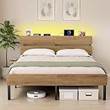 VASAGLE Doppelbettgestell, Bett, 140 x 200 cm, Metallrahmen, LED-Beleuchtung, USB-A- und USB-C-Anschluss, Unterbettaufbewahrung, Industrie-Stil, einfache Montage, naturbraun RMB104HC01