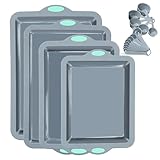 To encounter Silikon-Backformen-Set, 4-teilig, antihaftbeschichtet, Backformen-Set mit Backformen, Backblech, Keksblech, Kuchenform Metallverstärktem Rahmen, mehr Stärke, hellgrau grünen Griffen
