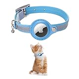 KOLACEN Reflektierendes Leder AirTag Katzenhalsband, GPS Katzenhalsband mit AirTag Verstellbarer Halterung und Glocke Anti Verlust Katzen Tracker Halsband für Katzen Kätzchen und Kleine Hunde (Blau)