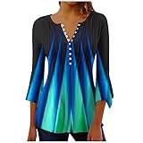 Damen-Top, ausgestellte Ärmel, halber Knopf, Henley-T-Shirt, V-Ausschnitt, plissiert, Tunika, Shirt, elegant, Schößchen, Bluse, locker, Frühling, Sommer, Pullover, bequem, Unterhemd, Büro, Strand,