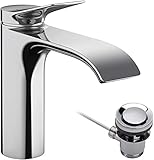 hansgrohe Vivenis - Waschtischarmatur mit Zugstangen-Ablauf, Wasserhahn Bad mit Auslauf Höhe 110 mm, Mischbatterie Waschbecken wassersparend (EcoSmart), Chrom, 75020000