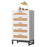 Mericonia Kommode mit 5 geräumigen Ablagefächern Rattan-Kommode mit stabilen Griffen und Beinen Moderne Kommode für Schlafzimmer, Wohnzimmer und Flur, weiß