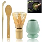 Rierousy Matcha Besen 4-Teiliges Set, Matcha-Schneebesen mit 2 Matcha Löffel, Matcha Whisk,Matcha Tea Set, Teepinselhalter aus Keramik (cyanfarben)